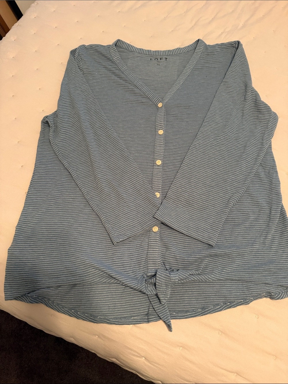LOFT Blue and White Striped Button-Front V-Neck Tie-Hem Top